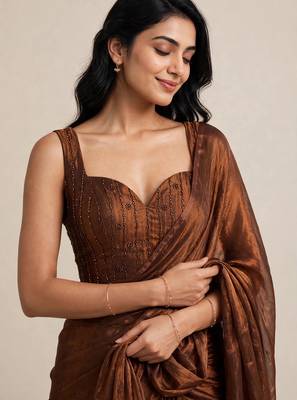 Designer satin saree with floral embellished blouse 3