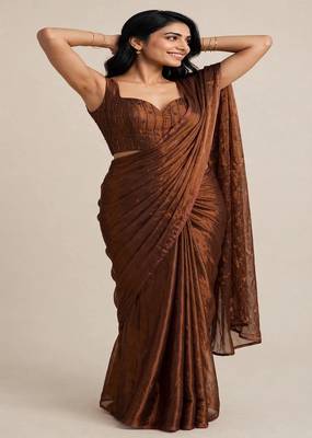 Designer satin saree with floral embellished blouse 5