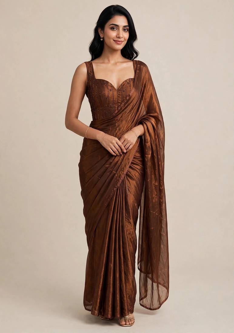 Designer satin saree with floral embellished blouse