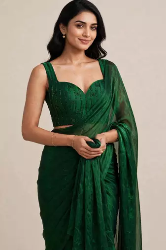 Partywear satin saree with intricate bead work blouse