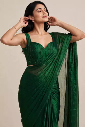 Partywear satin saree with intricate bead work blouse