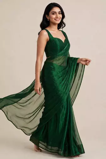 Partywear satin saree with intricate bead work blouse