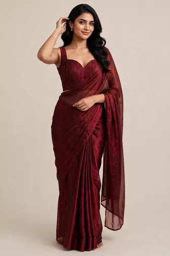 Premium satin saree with embellished floral designer blouse