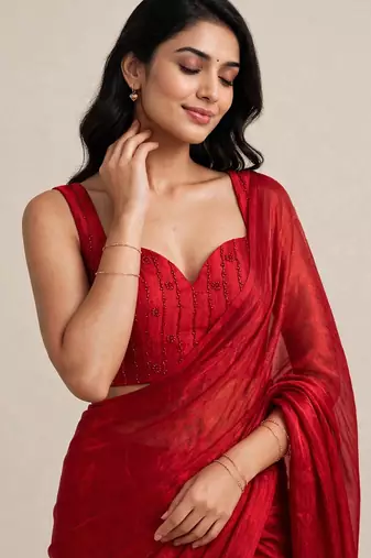 Festive satin saree with floral beaded designer blouse