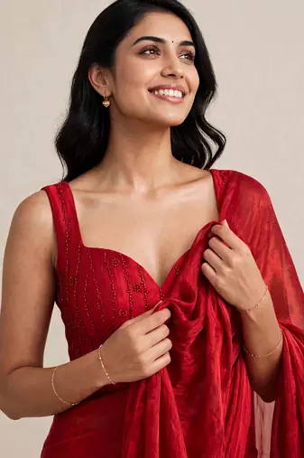 Festive satin saree with floral beaded designer blouse