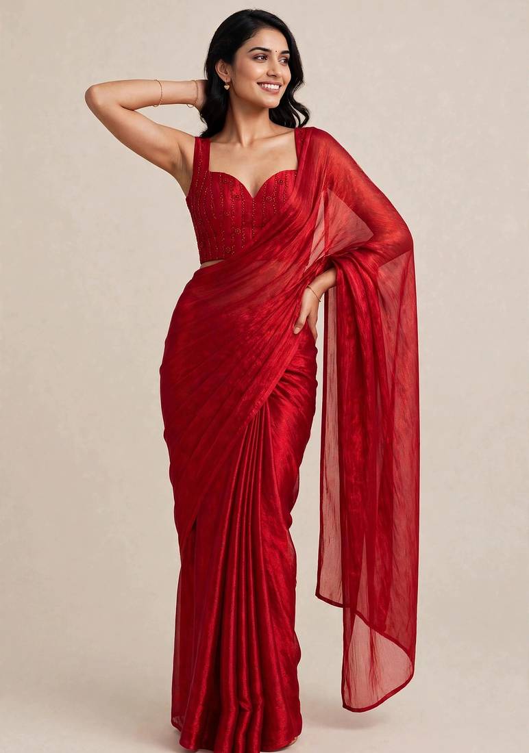 Festive satin saree with floral beaded designer blouse