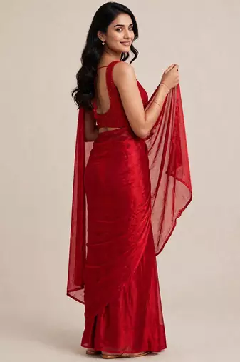 Festive satin saree with floral beaded designer blouse