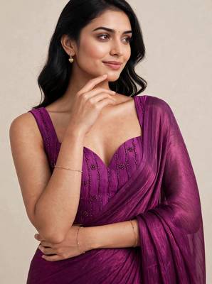 Partywear satin saree with intricate bead work blouse 2
