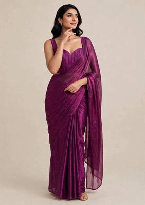Partywear satin saree with intricate bead work blouse 1