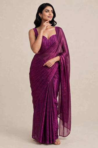 Partywear satin saree with intricate bead work blouse