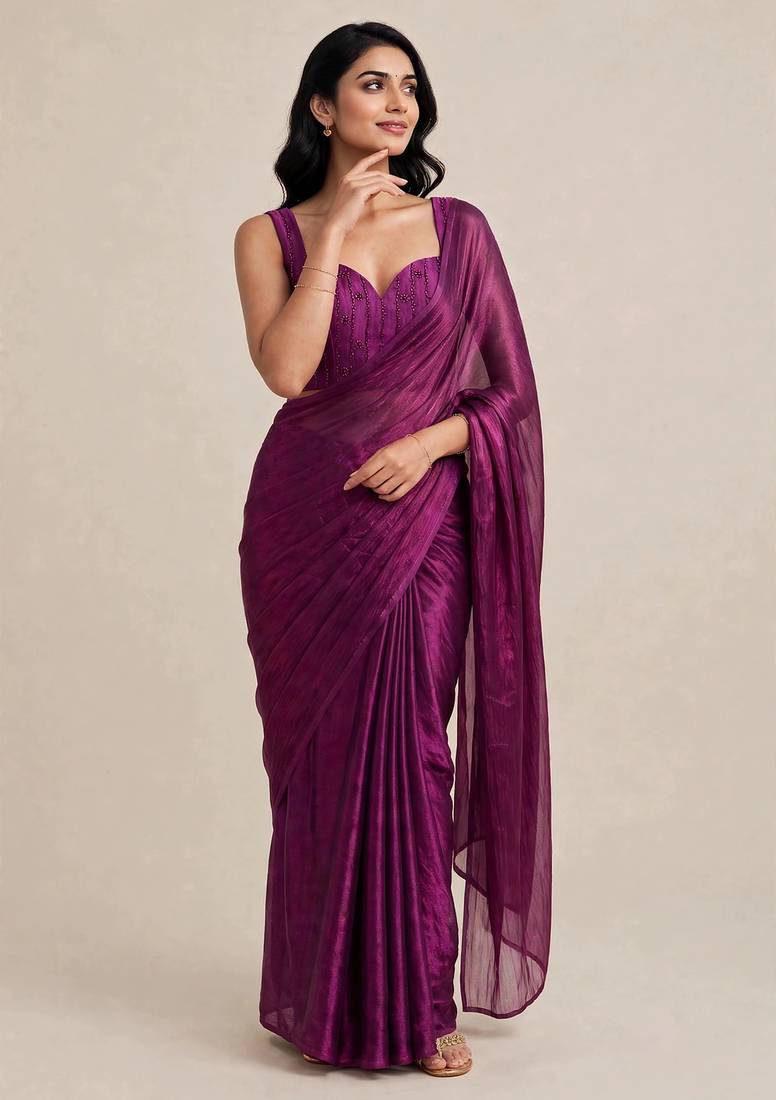 Partywear satin saree with intricate bead work blouse