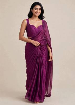 Partywear satin saree with intricate bead work blouse 5