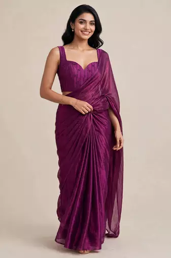 Partywear satin saree with intricate bead work blouse