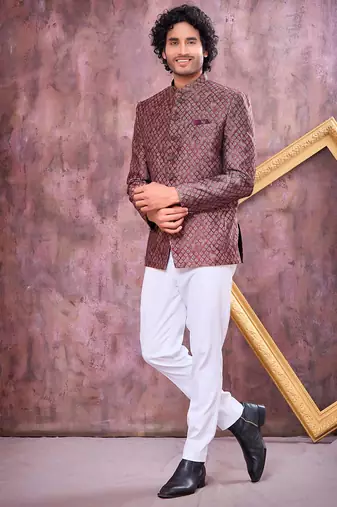 Wine & black imported jacquard fabric jodhpuri for men