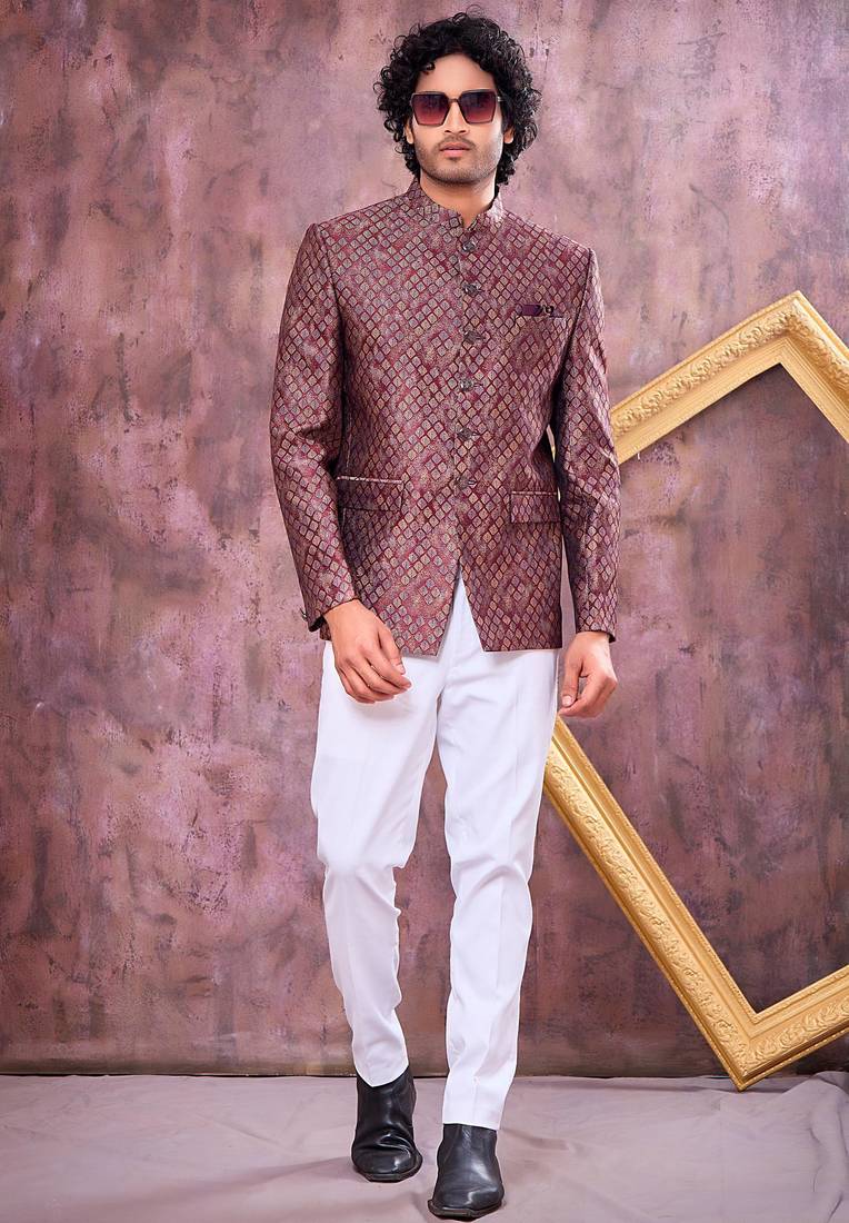 Wine & black imported jacquard fabric jodhpuri for men