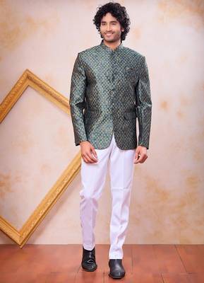 Green imported jacquard fabric jodhpuri for men 1
