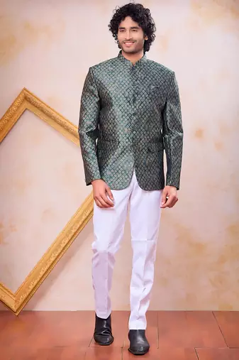 Green imported jacquard fabric jodhpuri for men