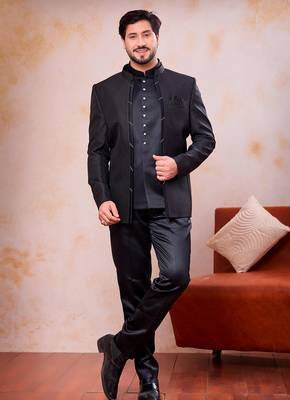 Black imported jacquard fabric 3 piece jacket jodhpuri for men 1