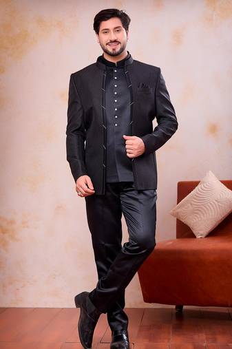 Black imported jacquard fabric 3 piece jacket jodhpuri for men