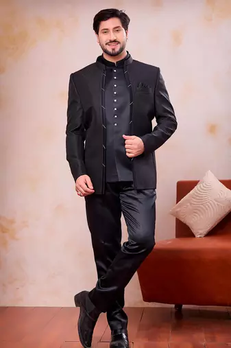 Black imported jacquard fabric 3 piece jacket jodhpuri for men