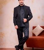 Black imported jacquard fabric 3 piece jacket jodhpuri for men