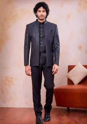 Grey & black imported jacquard fabric 3 piece jacket jodhpuri for men 1