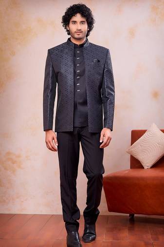 Grey & black imported jacquard fabric 3 piece jacket jodhpuri for men
