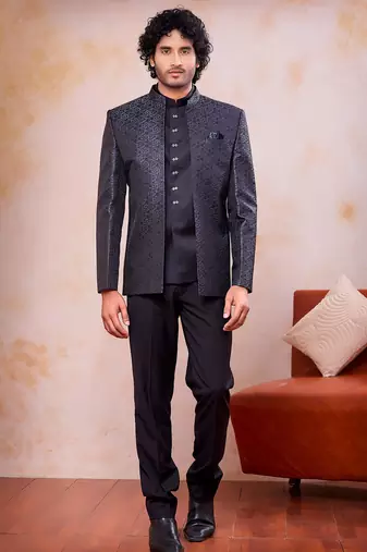 Grey & black imported jacquard fabric 3 piece jacket jodhpuri for men