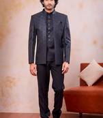 Grey & black imported jacquard fabric 3 piece jacket jodhpuri for men