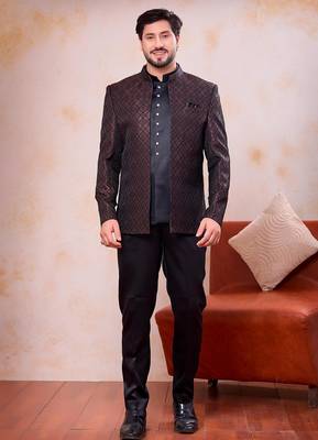 Brown & black imported jacquard fabric 3 piece jacket jodhpuri for men 1