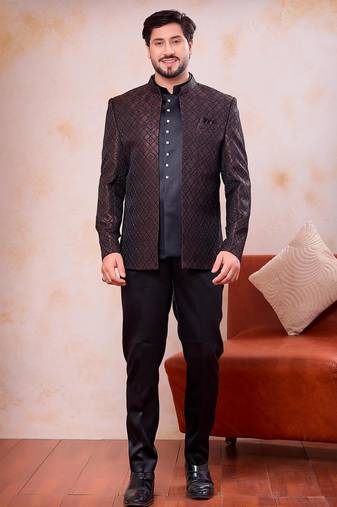 Brown & black imported jacquard fabric 3 piece jacket jodhpuri for men