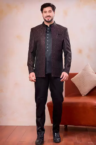 Brown & black imported jacquard fabric 3 piece jacket jodhpuri for men