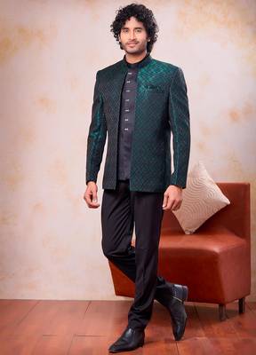 Green & black imported jacquard fabric 3 piece jacket jodhpuri for men 1