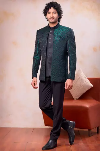 Green & black imported jacquard fabric 3 piece jacket jodhpuri for men