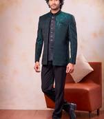 Green & black imported jacquard fabric 3 piece jacket jodhpuri for men