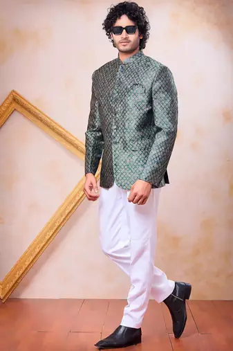 Green imported jacquard fabric jodhpuri for men