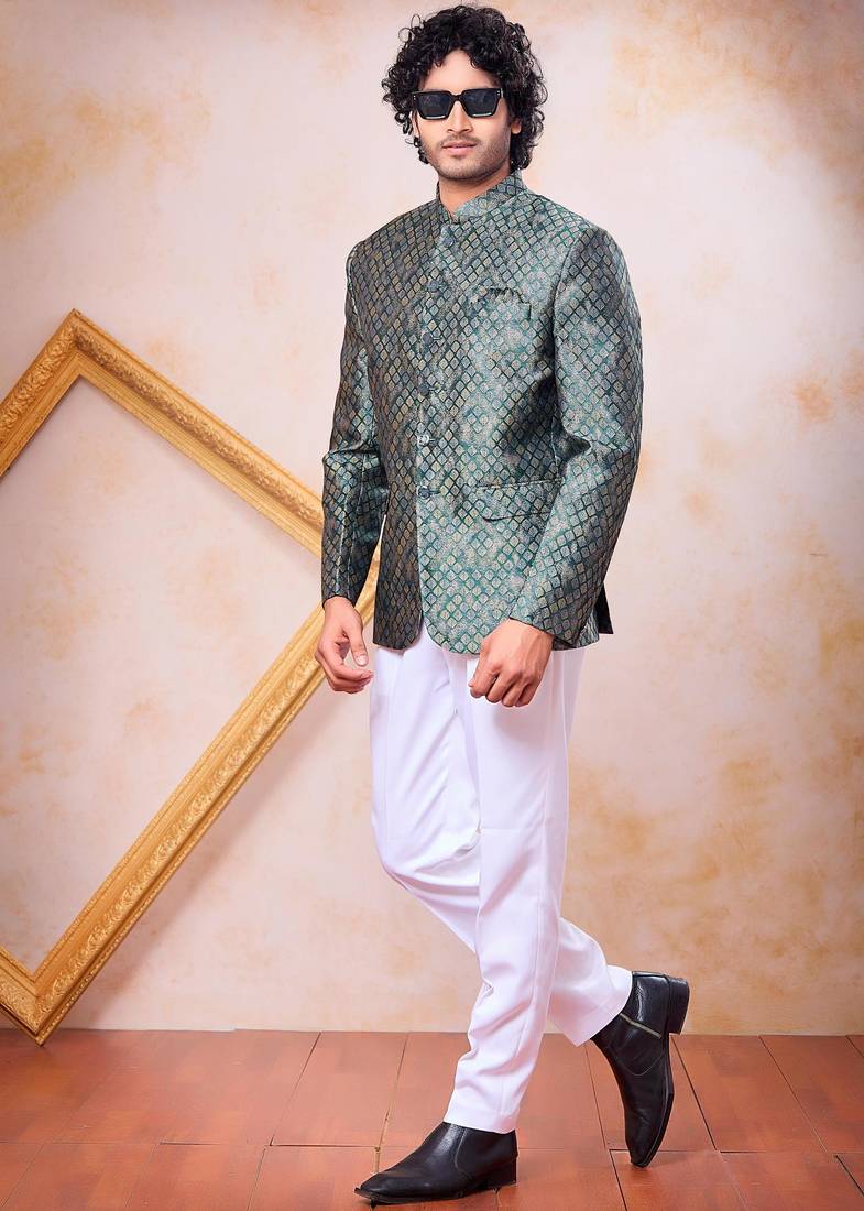 Green imported jacquard fabric jodhpuri for men