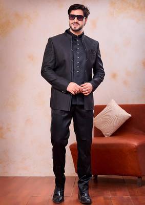 Black imported jacquard fabric 3 piece jacket jodhpuri for men 2