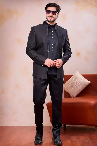 Black imported jacquard fabric 3 piece jacket jodhpuri for men