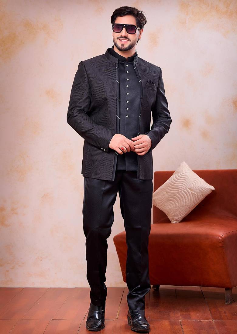 Black imported jacquard fabric 3 piece jacket jodhpuri for men