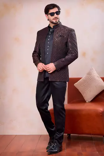 Brown & black imported jacquard fabric 3 piece jacket jodhpuri for men