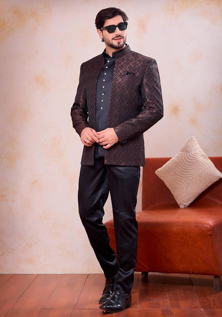 Brown & black imported jacquard fabric 3 piece jacket jodhpuri for men