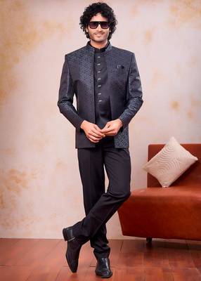 Grey & black imported jacquard fabric 3 piece jacket jodhpuri for men 2