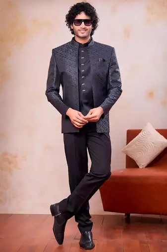 Grey & black imported jacquard fabric 3 piece jacket jodhpuri for men