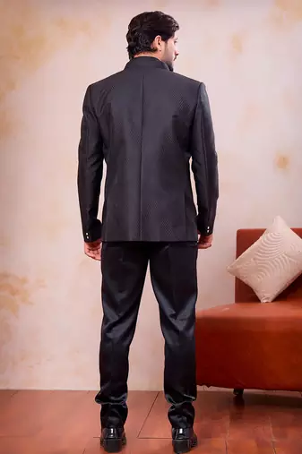 Black imported jacquard fabric 3 piece jacket jodhpuri for men