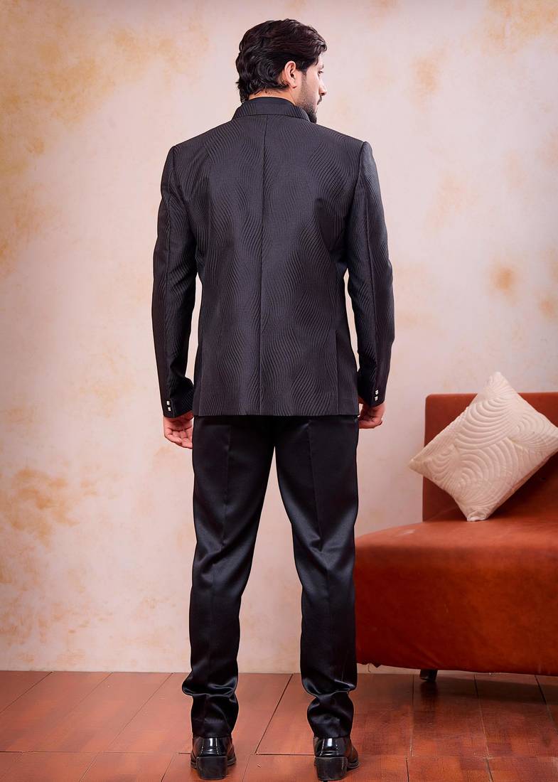 Black imported jacquard fabric 3 piece jacket jodhpuri for men