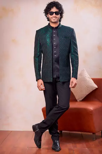 Green & black imported jacquard fabric 3 piece jacket jodhpuri for men
