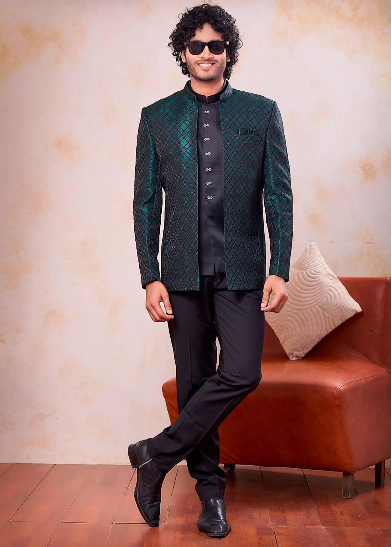 Green & black imported jacquard fabric 3 piece jacket jodhpuri for men