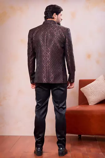 Brown & black imported jacquard fabric 3 piece jacket jodhpuri for men