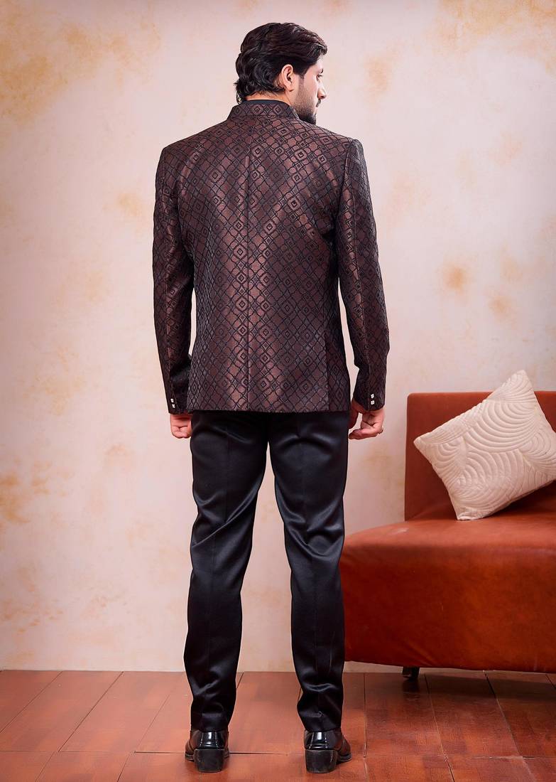 Brown & black imported jacquard fabric 3 piece jacket jodhpuri for men